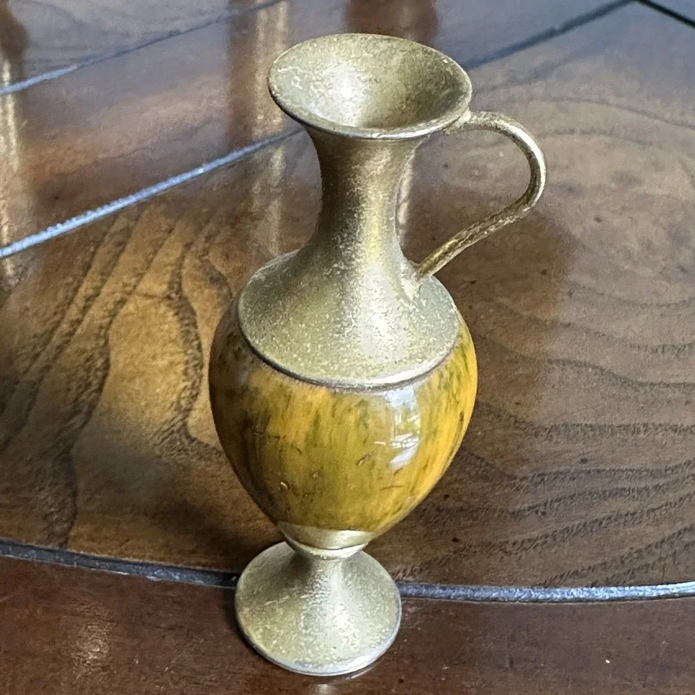 Vintage Miniature 3 Inch Brass Vase Handle‎ Yellow Enamel Acrylic Dollhouse
